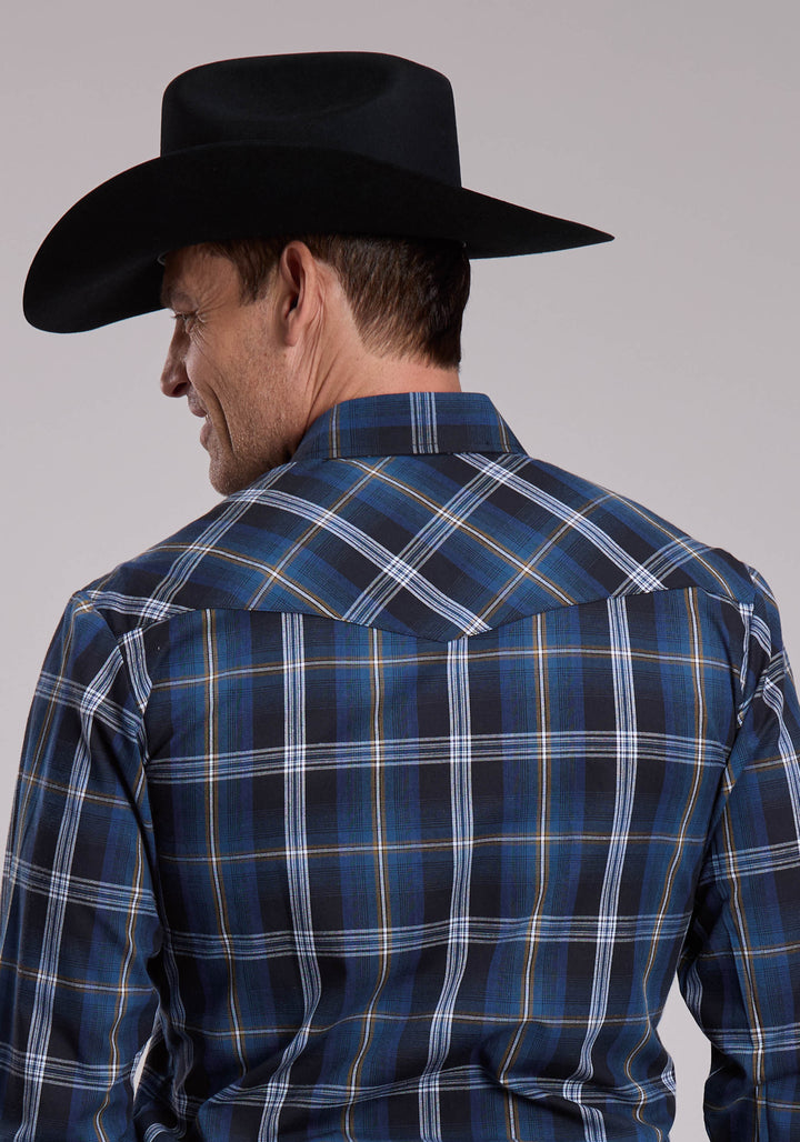MENS ROPER BLUE AND BLACK AND TAN PLAID WESTERN SNAP SHIRT