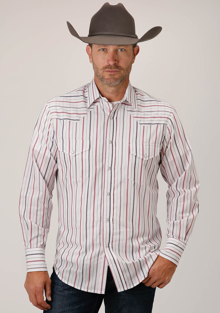 MENS LONG SLEEVE SNAP NAVY  RED  GREY STRIPE WESTERN SHIRT