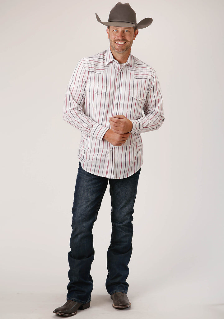 MENS LONG SLEEVE SNAP NAVY  RED  GREY STRIPE WESTERN SHIRT