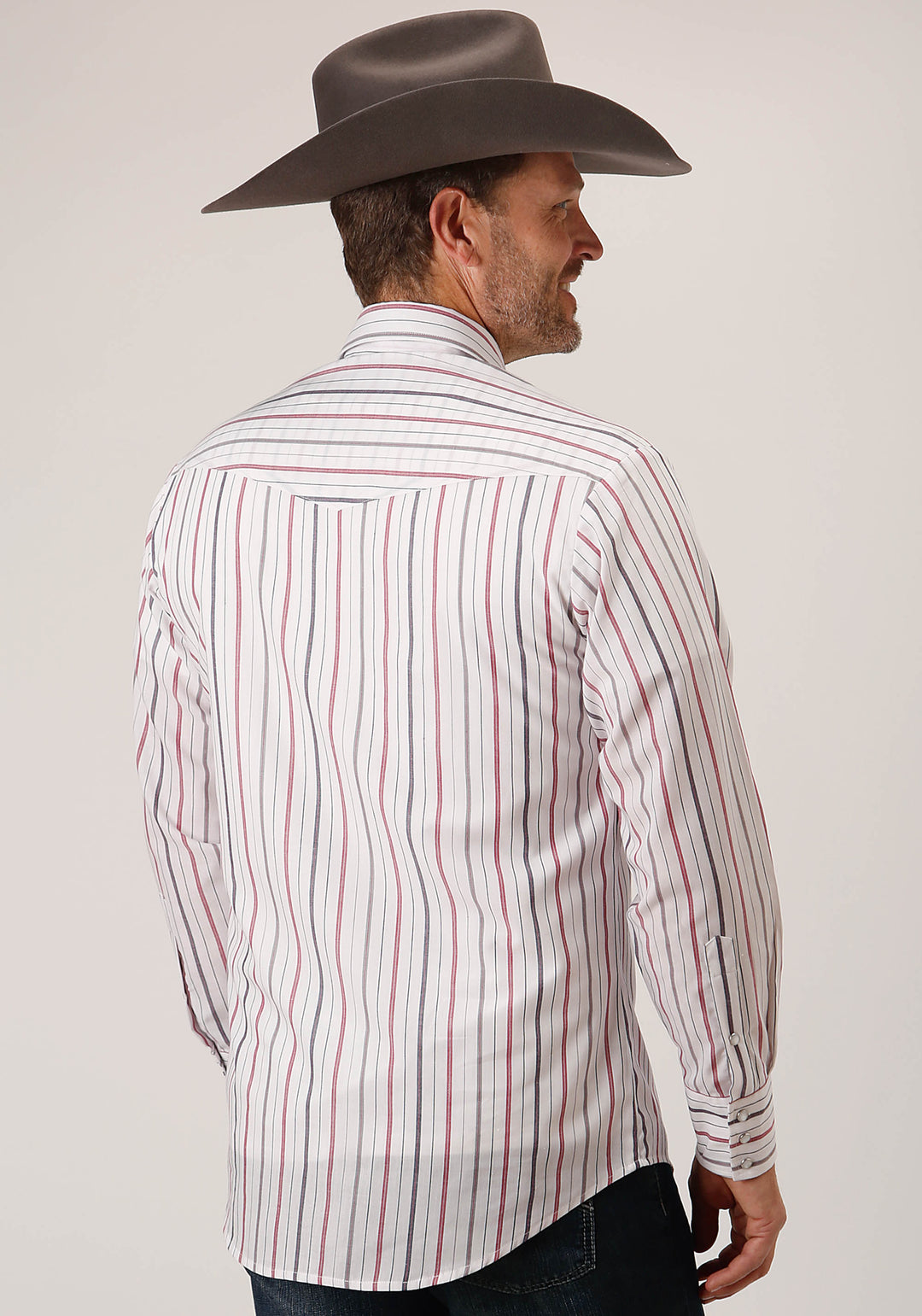 MENS LONG SLEEVE SNAP NAVY  RED  GREY STRIPE WESTERN SHIRT