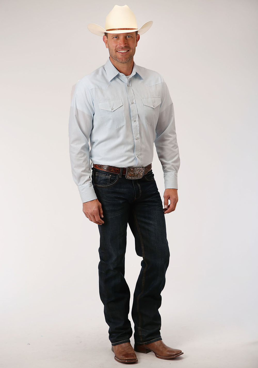 MENS BLUE AND WHITE STRIPE LONG SLEEVE SNAP WESTERN SHIRT