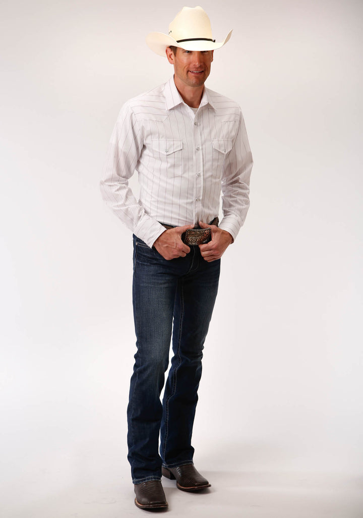 MENS WHITE WITH RED STRIPE LONG SLEEVE SNAP WESTERN SHIRT