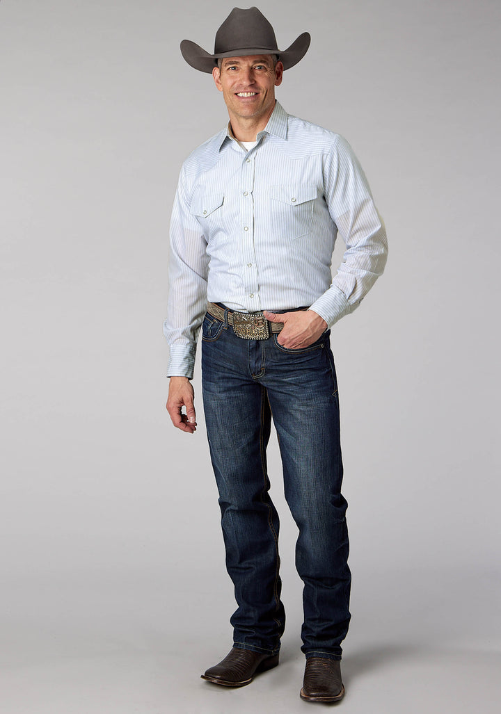 MENS LIGHT BLUE CHARCOAL WH STRIPE LONG SLEEVE SNAP WESTERN SHIRT