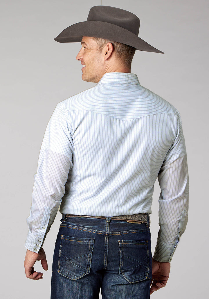MENS LIGHT BLUE CHARCOAL WH STRIPE LONG SLEEVE SNAP WESTERN SHIRT