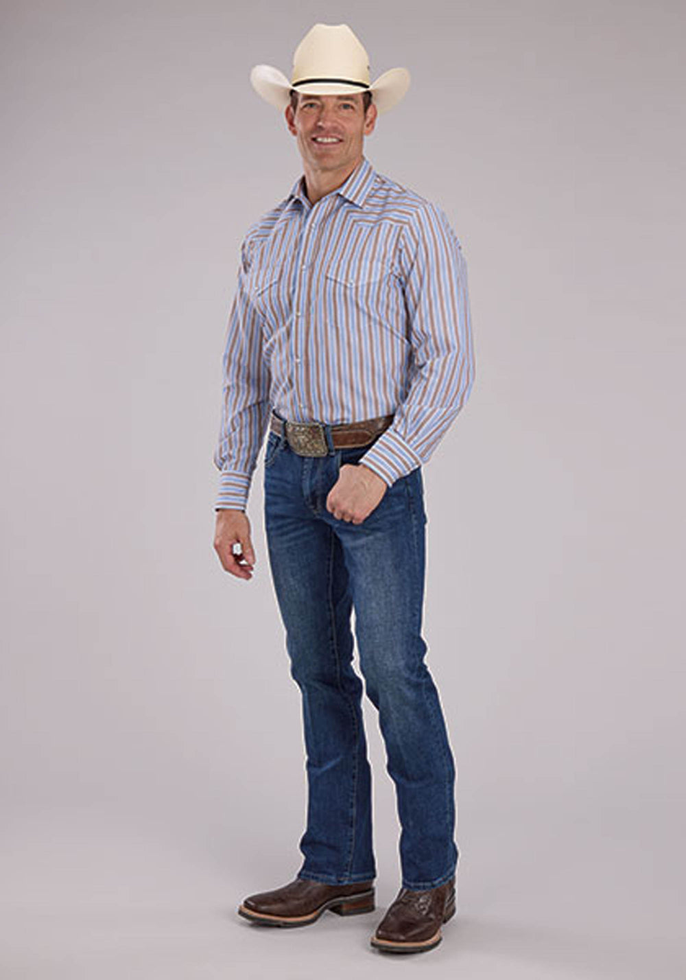 MENS BROWN BLUE STRIPE LONG SLEEVE SNAP WESTERN SHIRT