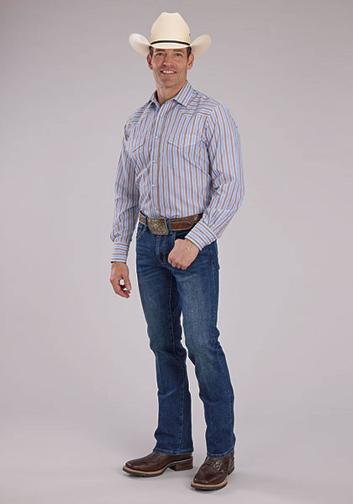 MENS BROWN BLUE STRIPE LONG SLEEVE SNAP WESTERN SHIRT