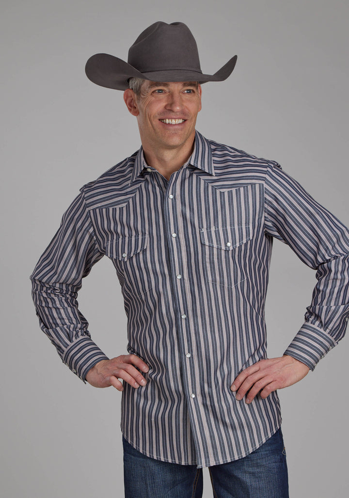 MENS DARK CHARCOAL GRAY AND TAN STRIPE LONG SLEEVE SNAP WESTERN SHIRT