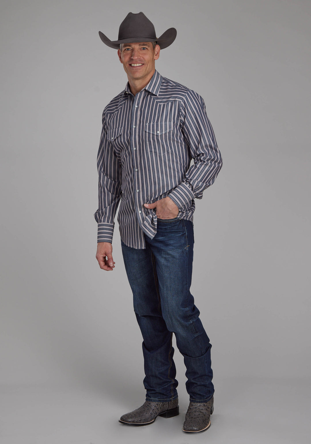 MENS DARK CHARCOAL GRAY AND TAN STRIPE LONG SLEEVE SNAP WESTERN SHIRT