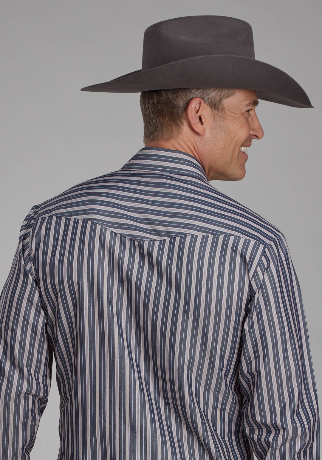 MENS DARK CHARCOAL GRAY AND TAN STRIPE LONG SLEEVE SNAP WESTERN SHIRT
