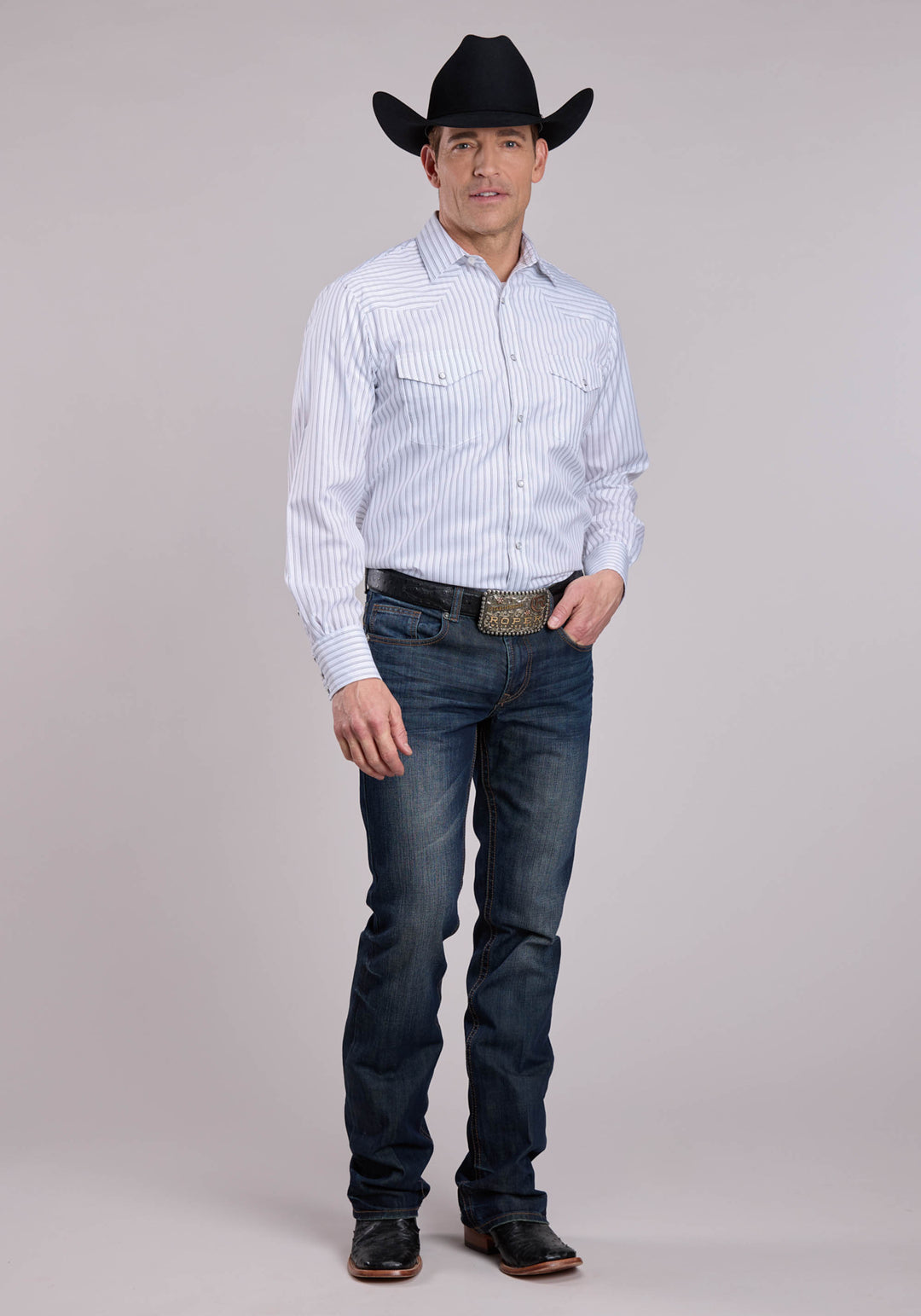 MENS LONG SLEEVE SNAP WHITE  BLACK STRIPE WESTERN SHIRT