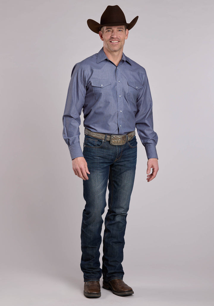 MENS LONG SLEEVE SNAP THIN BLUE STRIPE WESTERN SHIRT