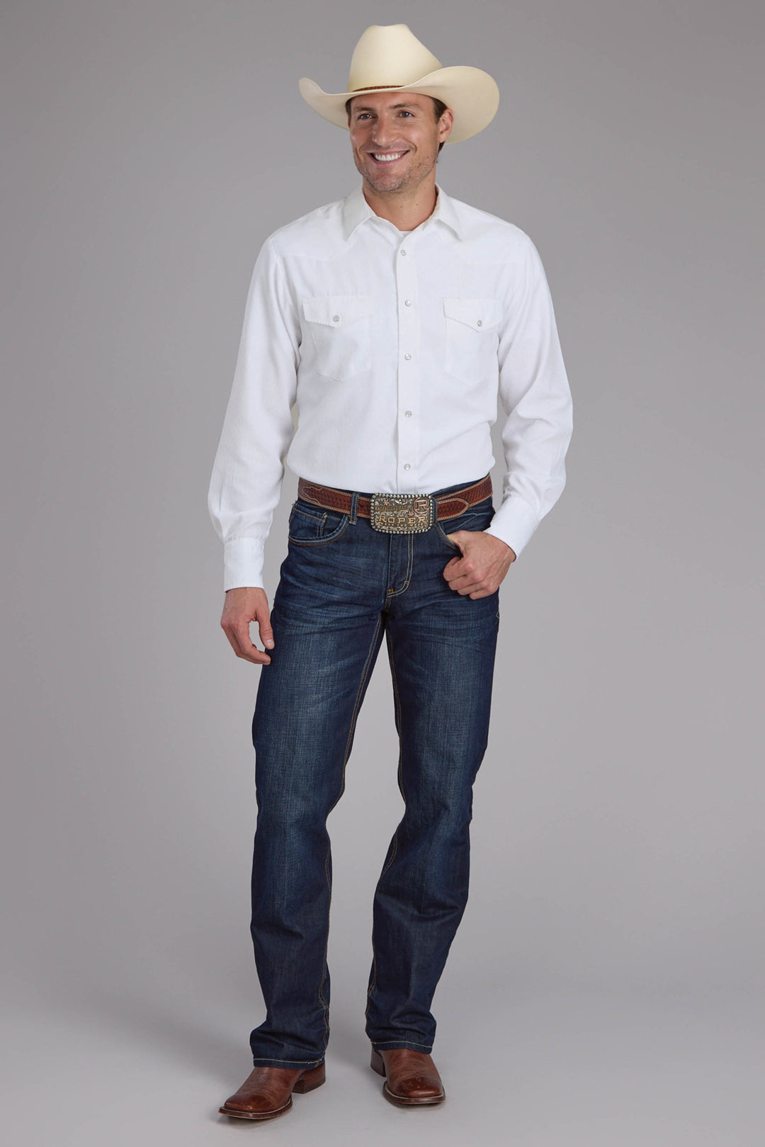 MENS WHITE TONE ON TONE LONG SLEEVE SNAP WESTERN SHIRT