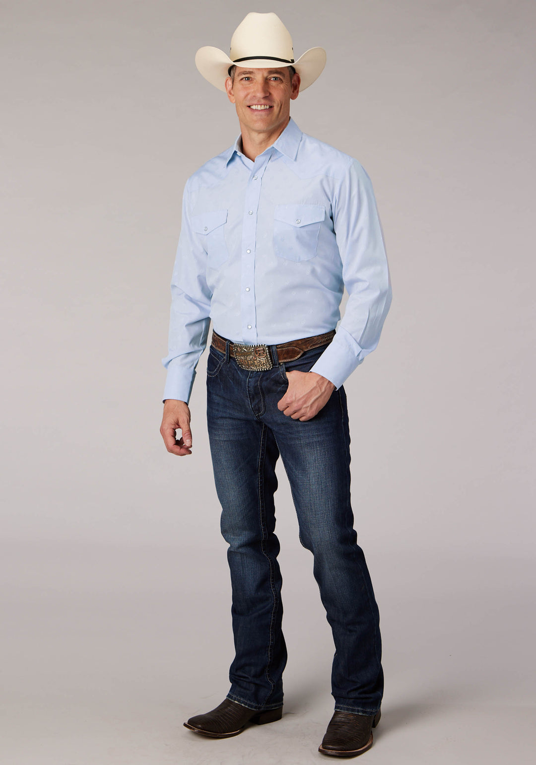 MENS LIGHT BLUE TONE ON TONE HORSESHOES LONG SLEEVE SNAP WESTERN SHIRT