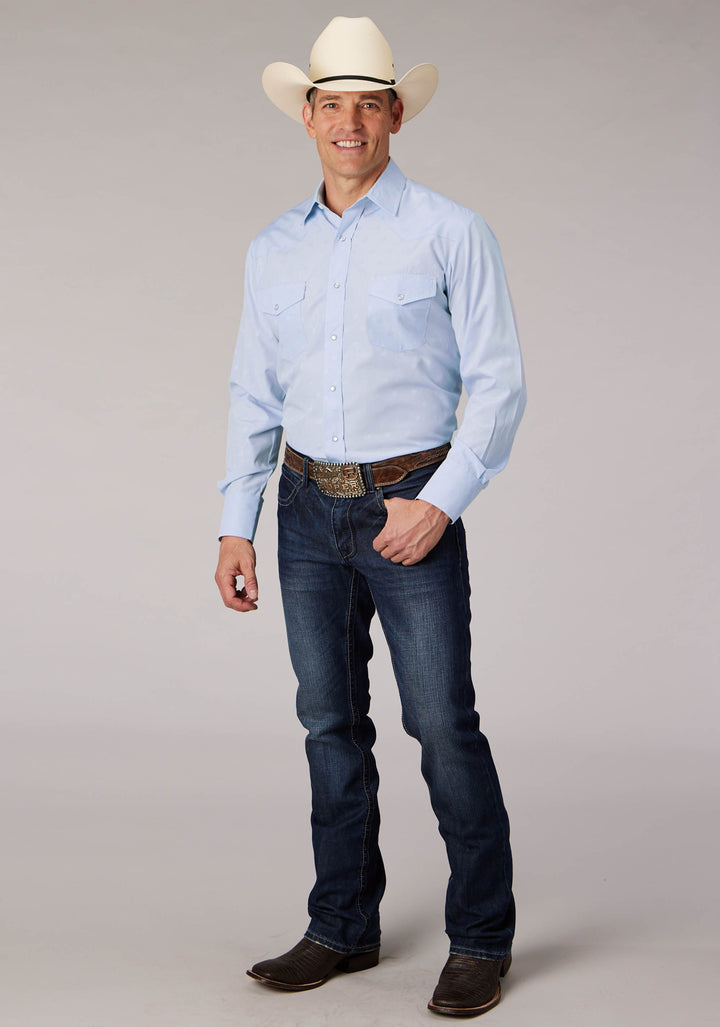 MENS LIGHT BLUE TONE ON TONE HORSESHOES LONG SLEEVE SNAP WESTERN SHIRT