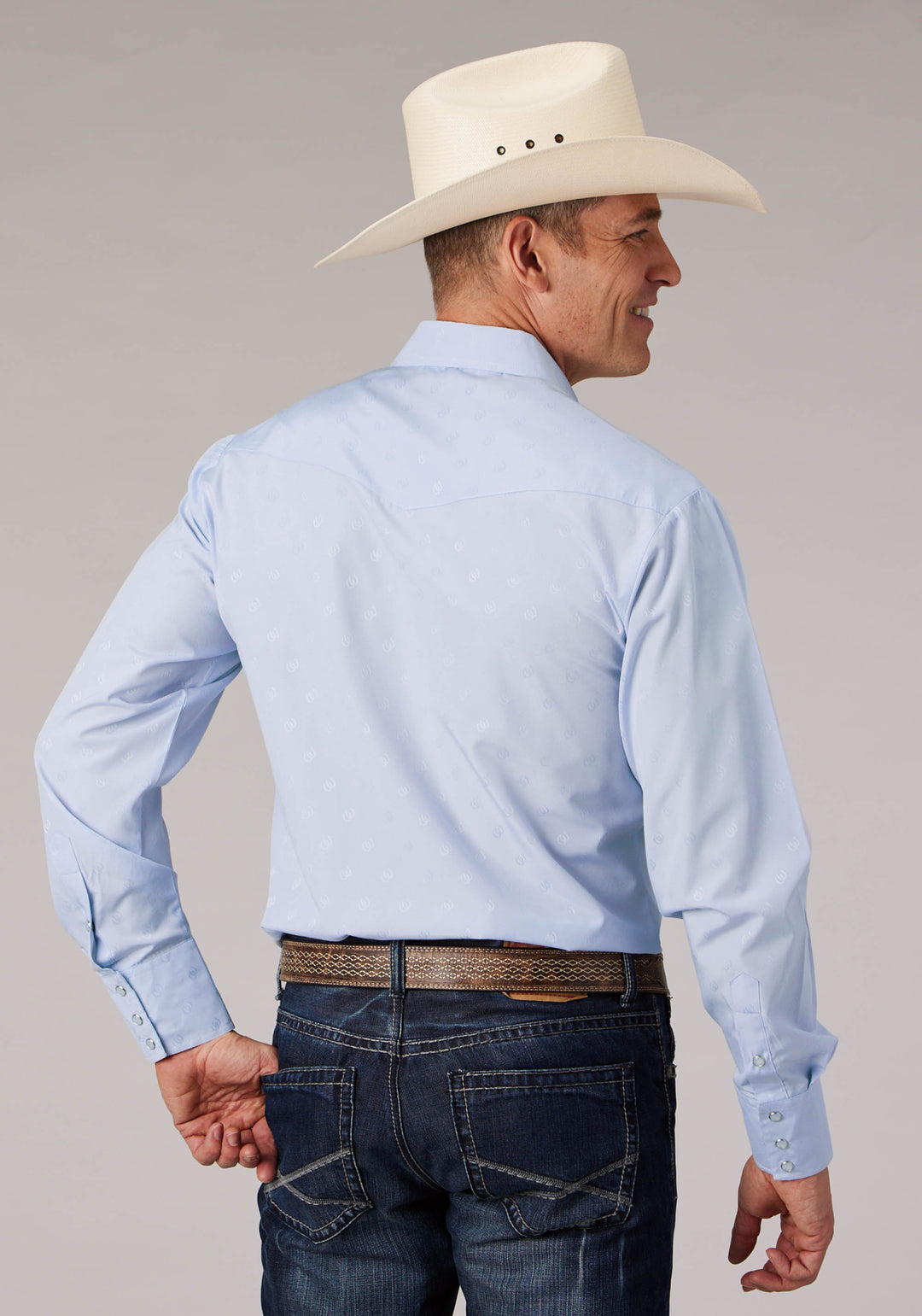 MENS LIGHT BLUE TONE ON TONE HORSESHOES LONG SLEEVE SNAP WESTERN SHIRT