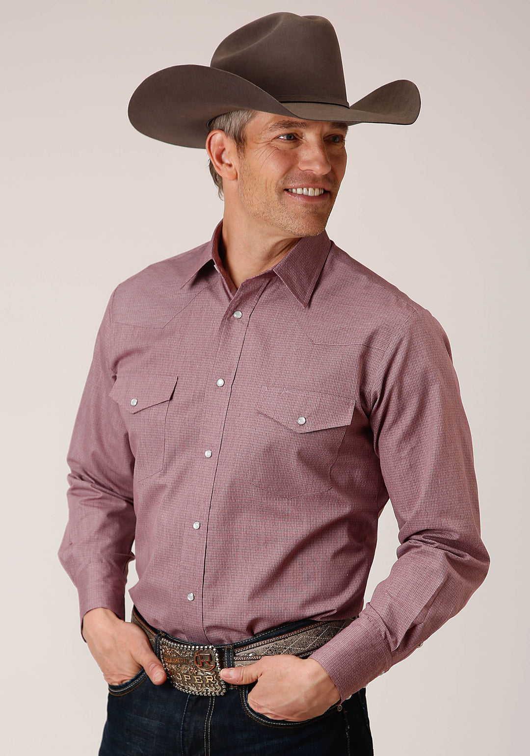 MENS LONG SLEEVE SNAP CROSSHATCH SQUARES TONE ON TONE WESTERN SHIRT