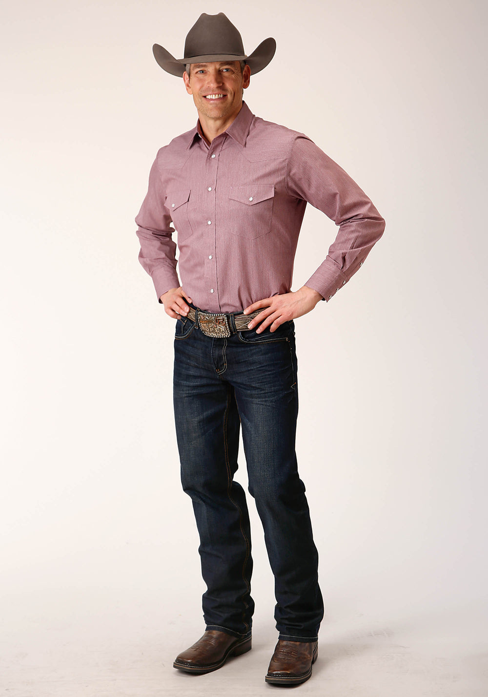 MENS LONG SLEEVE SNAP CROSSHATCH SQUARES TONE ON TONE WESTERN SHIRT