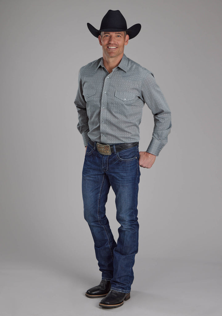 MENS ALLOVER TONE ON TONE - GRAY LONG SLEEVE SNAP WESTERN SHIRT