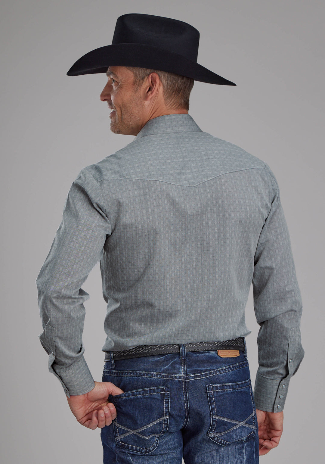 MENS ALLOVER TONE ON TONE - GRAY LONG SLEEVE SNAP WESTERN SHIRT