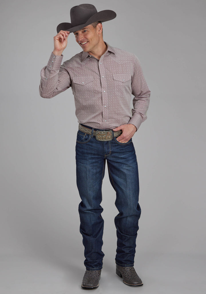 MENS ALLOVER TONE ON TONE - DARK RED LONG SLEEVE SNAP WESTERN SHIRT