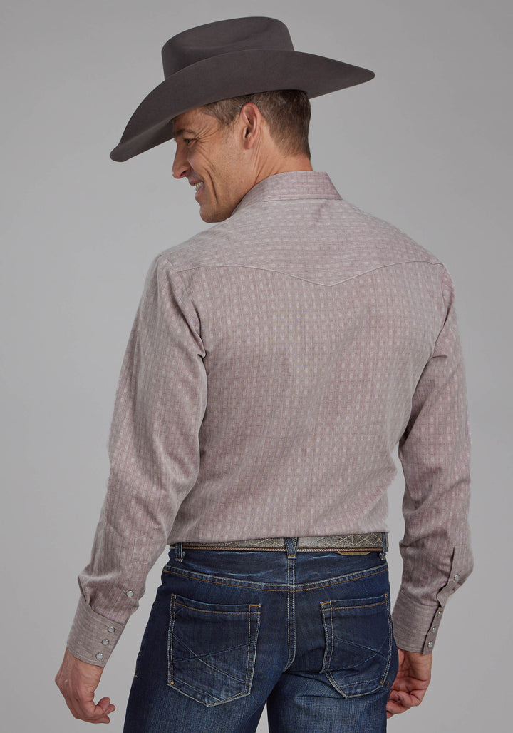 MENS ALLOVER TONE ON TONE - DARK RED LONG SLEEVE SNAP WESTERN SHIRT