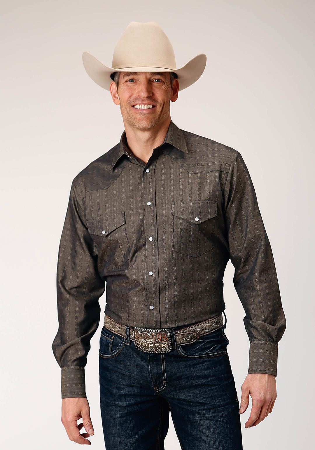 MENS LONG SLEEVE SNAP GREY FLORAL STRIPE TONE ON TONE WESTERN SHIRT