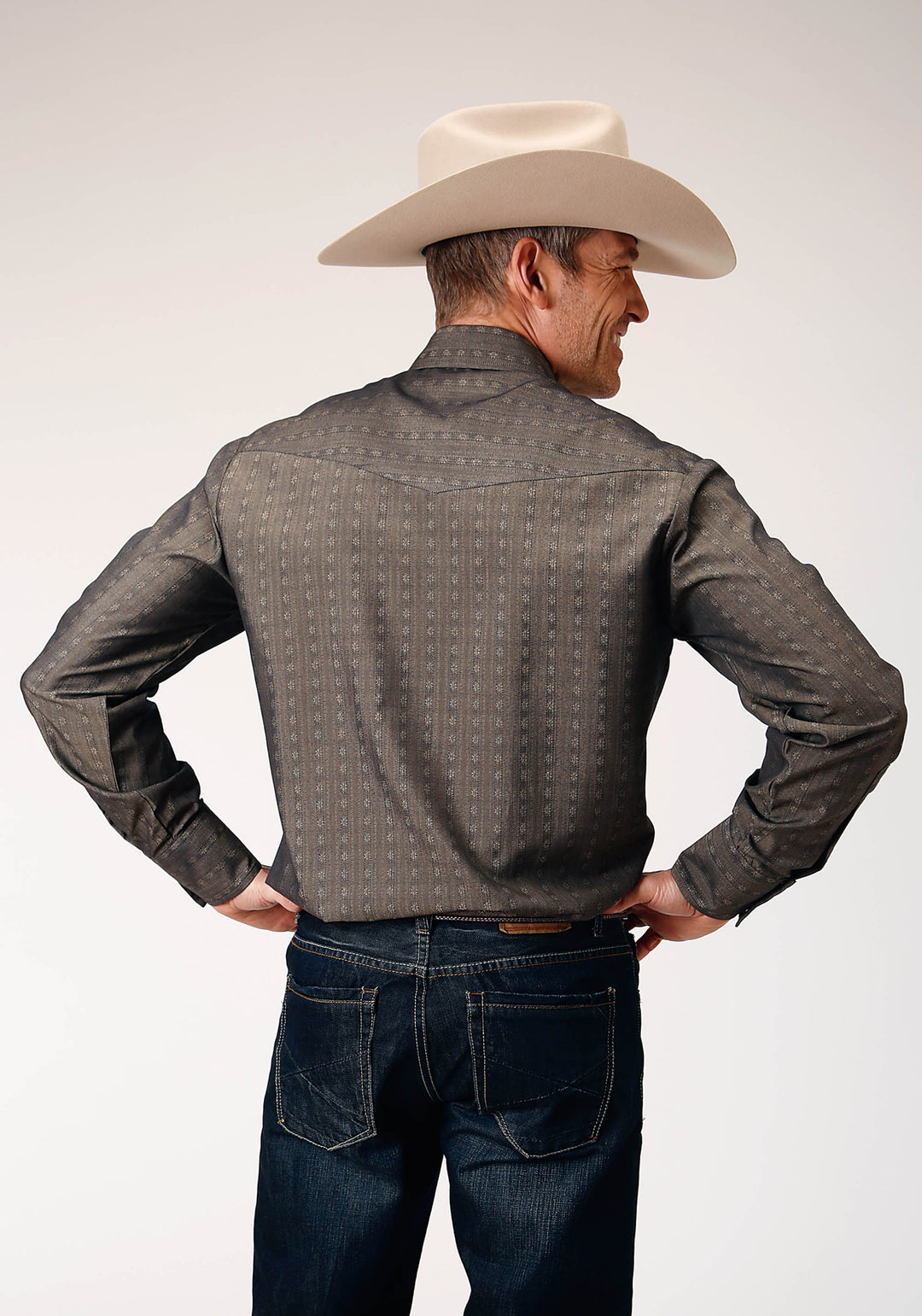 MENS LONG SLEEVE SNAP GREY FLORAL STRIPE TONE ON TONE WESTERN SHIRT