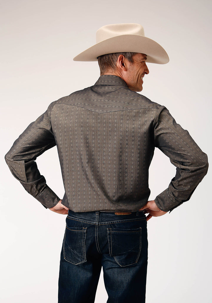 MENS LONG SLEEVE SNAP GREY FLORAL STRIPE TONE ON TONE WESTERN SHIRT