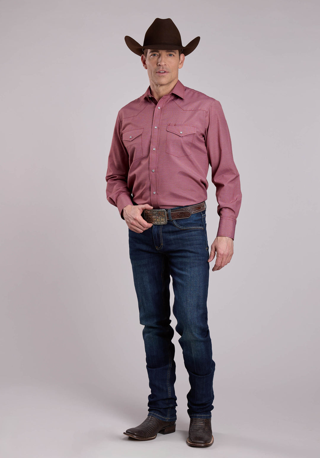 MENS LONG SLEEVE SNAP RED BASKET WEAVE WESTERN SHIRT