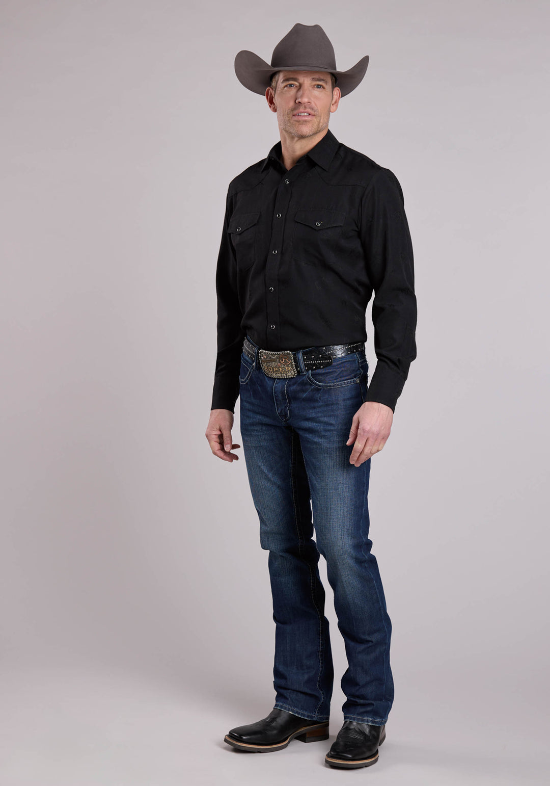 MENS LONG SLEEVE SNAP BLACK HORSE  FLOWER TONE ON TONE WESTERN SHIRT