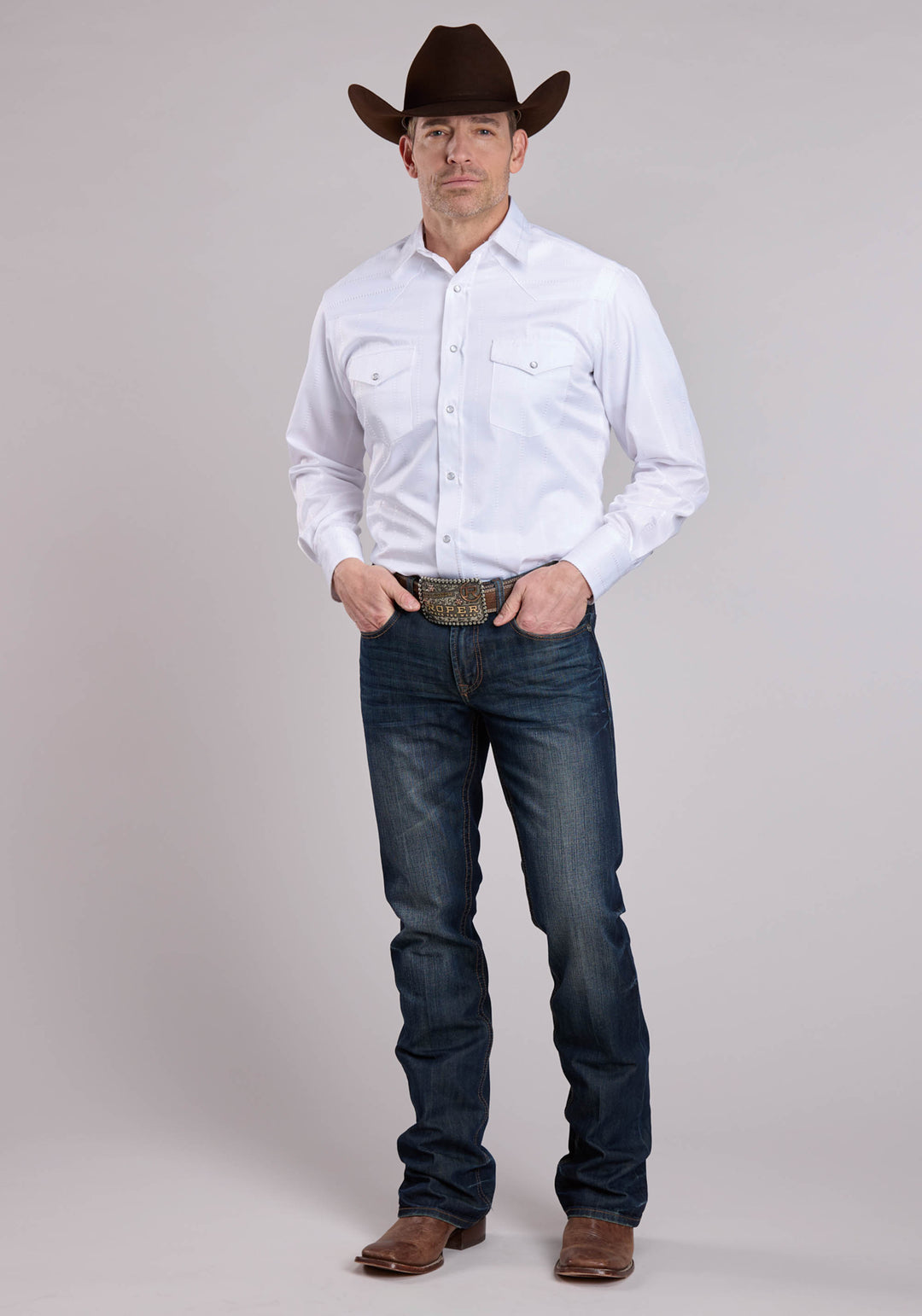 MENS LONG SLEEVE SNAP WHITE STRIPE TONE ON TONE WESTERN SHIRT