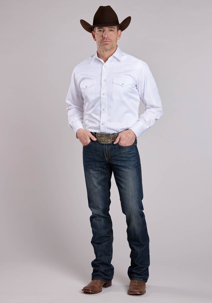 MENS LONG SLEEVE SNAP WHITE STRIPE TONE ON TONE WESTERN SHIRT