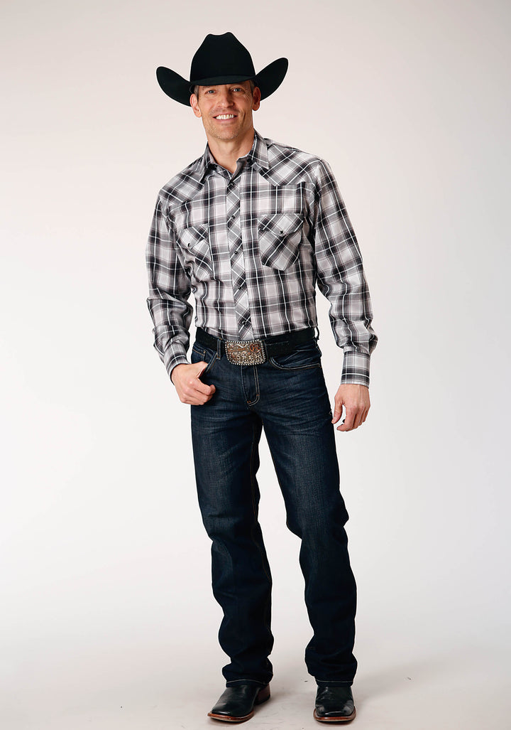 MENS LONG SLEEVE SNAP BLACK AQUA GREY PLAID WESTERN SHIRT TALL FIT
