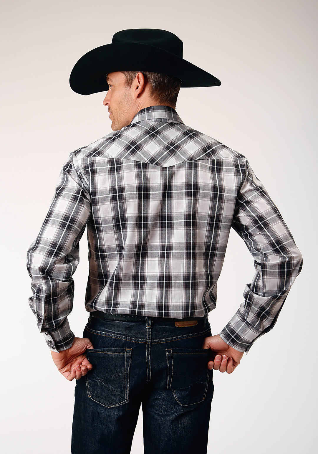 MENS LONG SLEEVE SNAP BLACK AQUA GREY PLAID WESTERN SHIRT TALL FIT
