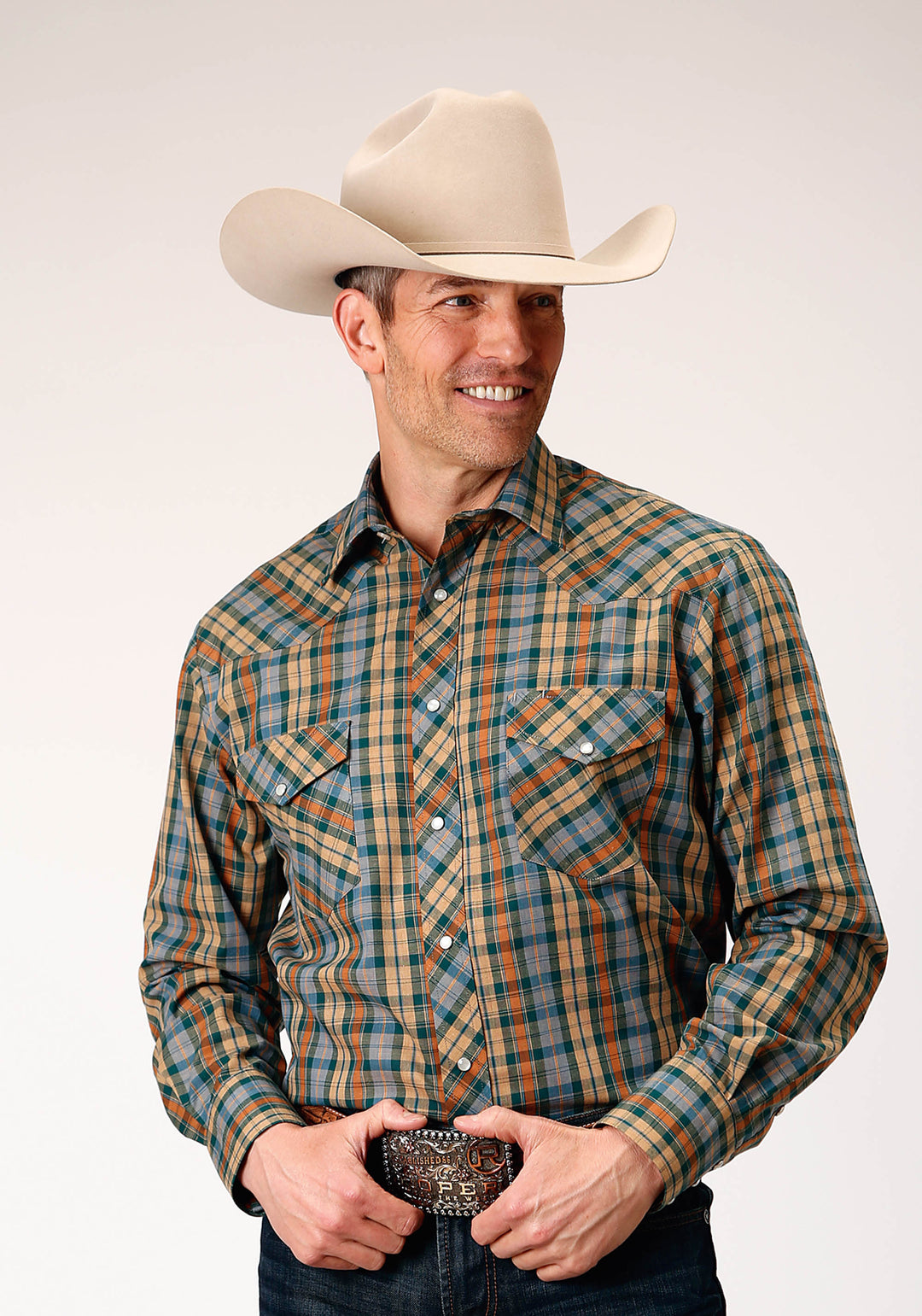 MENS LONG SLEEVE SNAP GREEN RUST TAN SMALL SCALE PLAID WESTERN SHIRT TALL FIT