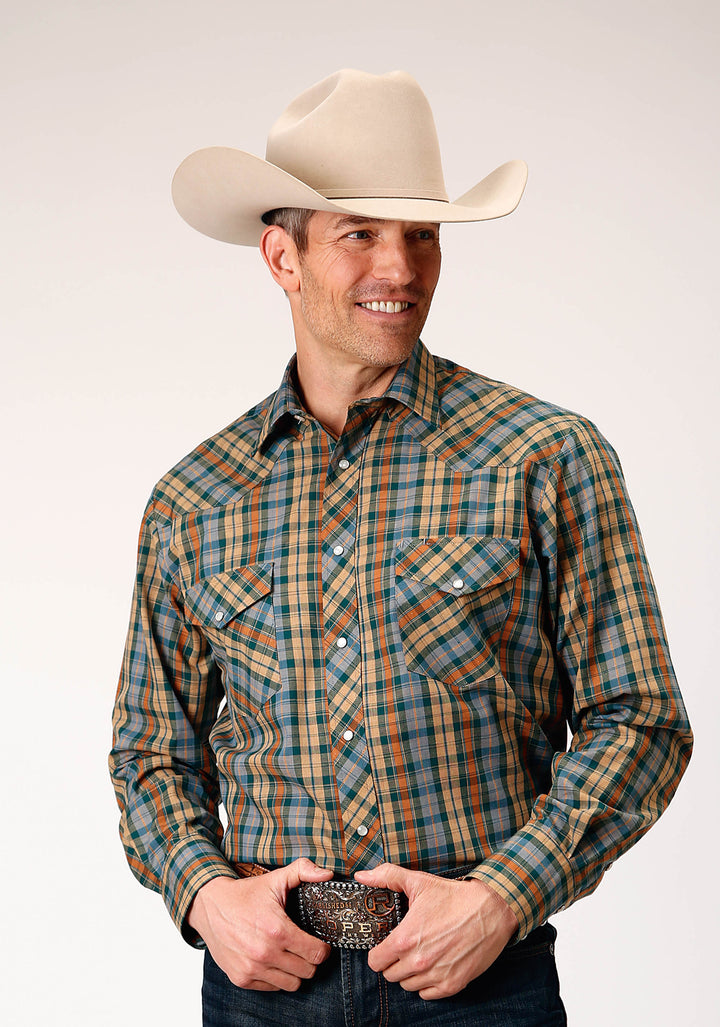 MENS LONG SLEEVE SNAP GREEN RUST TAN SMALL SCALE PLAID WESTERN SHIRT TALL FIT