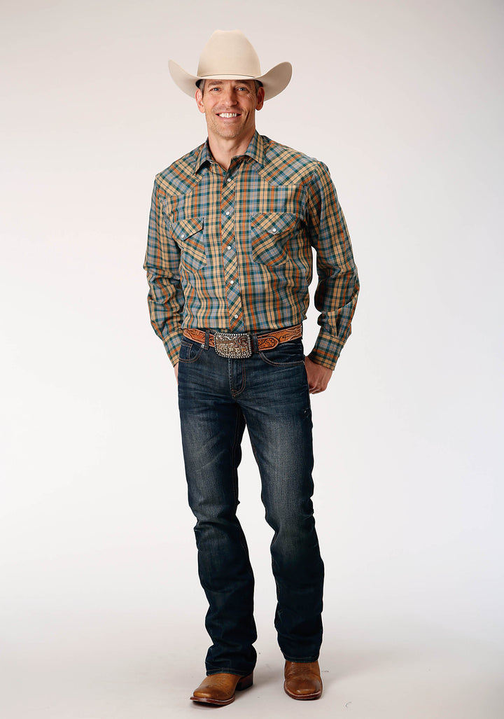 MENS LONG SLEEVE SNAP GREEN RUST TAN SMALL SCALE PLAID WESTERN SHIRT TALL FIT