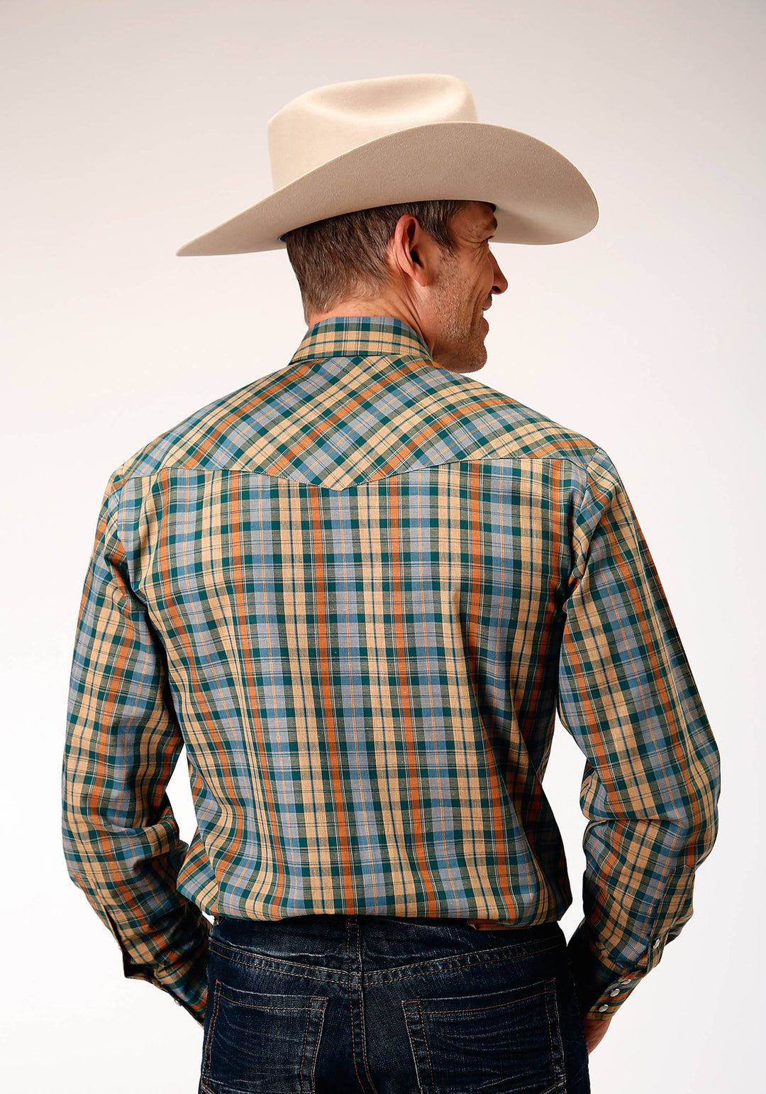 MENS LONG SLEEVE SNAP GREEN RUST TAN SMALL SCALE PLAID WESTERN SHIRT TALL FIT