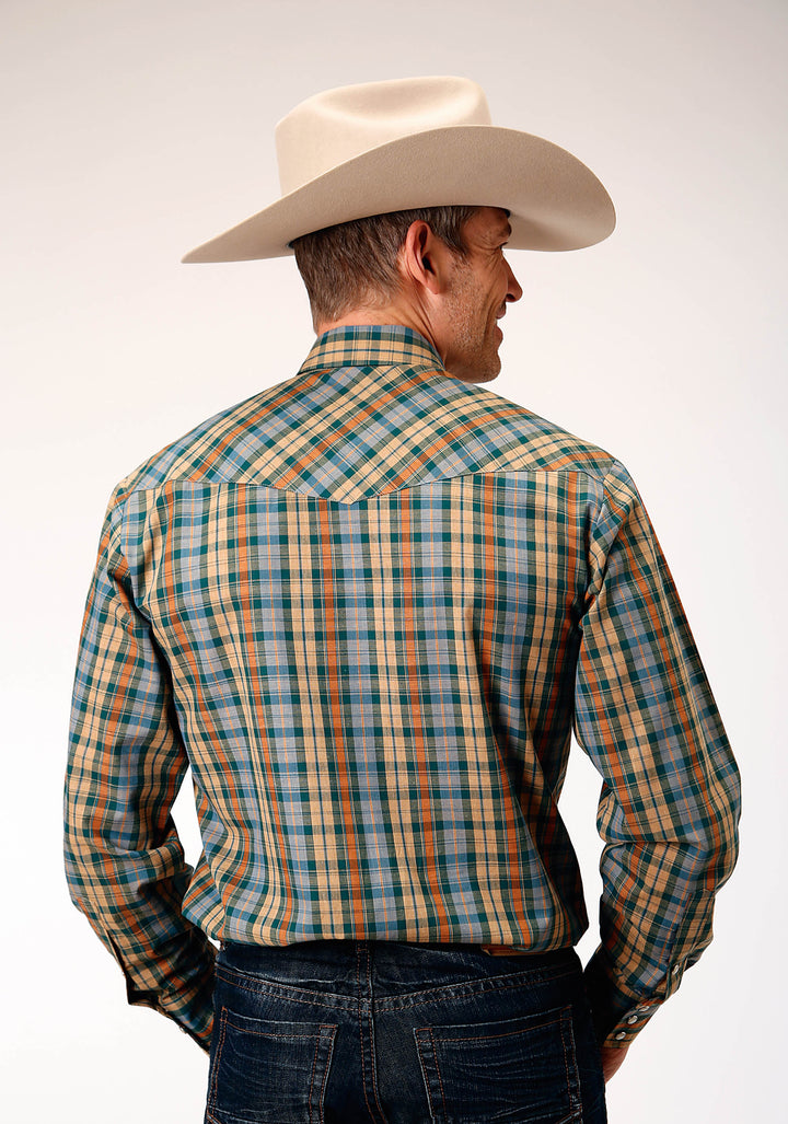 MENS LONG SLEEVE SNAP GREEN RUST TAN SMALL SCALE PLAID WESTERN SHIRT TALL FIT