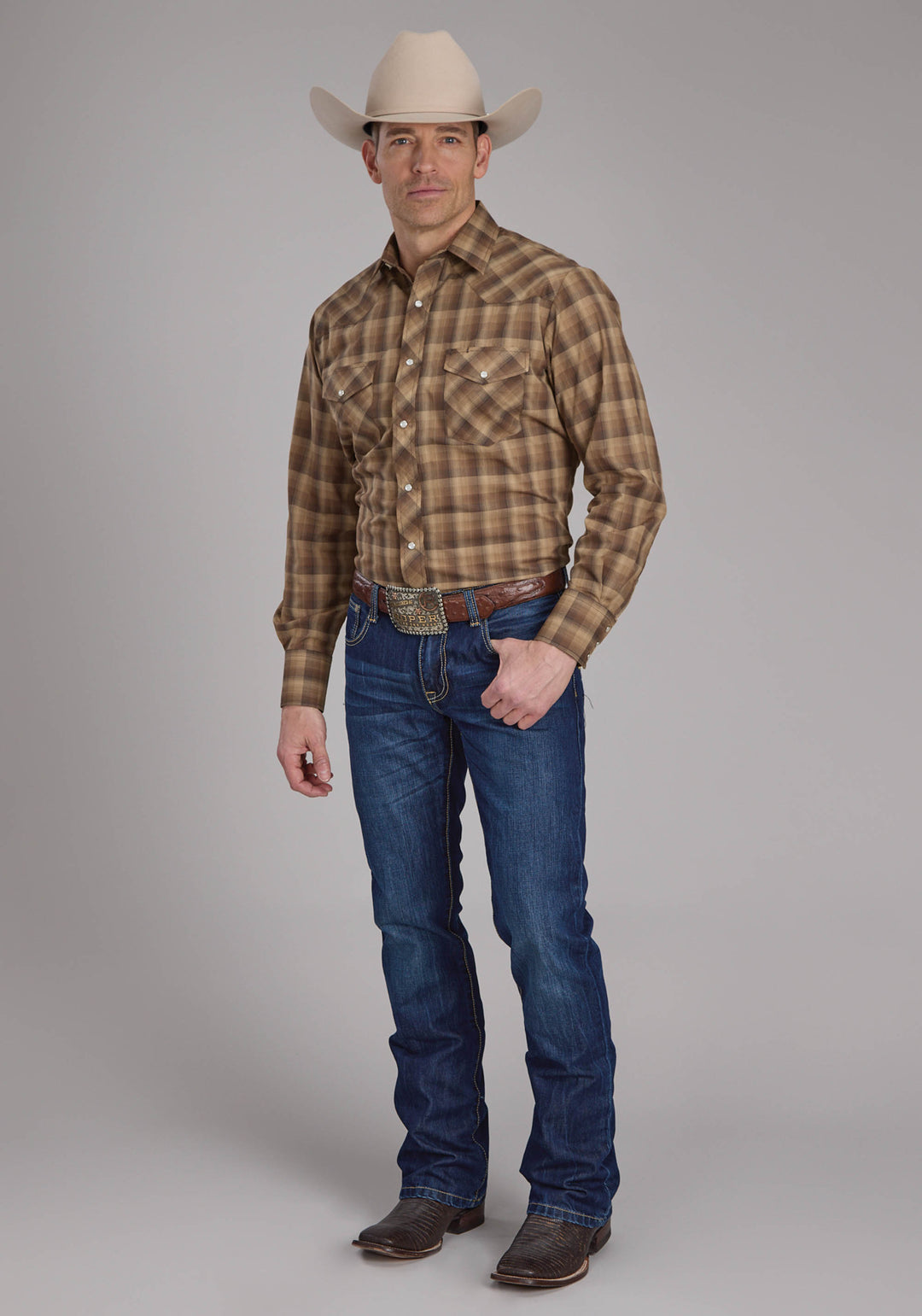 MENS BROWN AND TAN OMBRE PLAID LONG SLEEVE SNAP WESTERN SHIRT