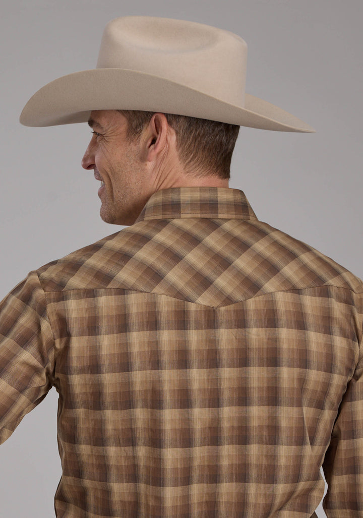 MENS BROWN AND TAN OMBRE PLAID LONG SLEEVE SNAP WESTERN SHIRT
