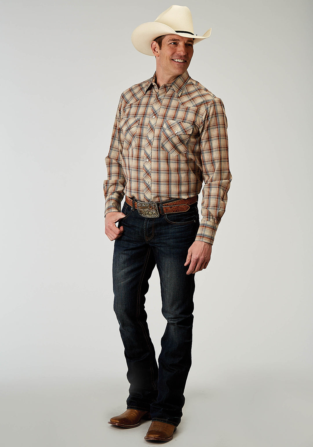 MENS LONG SLEEVE SNAP BROWN PLAID WESTERN SHIRT TALL FIT