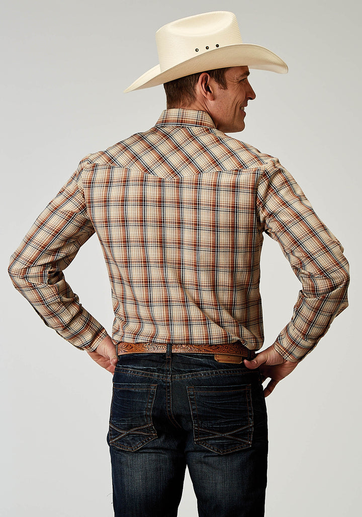 MENS LONG SLEEVE SNAP BROWN PLAID WESTERN SHIRT TALL FIT