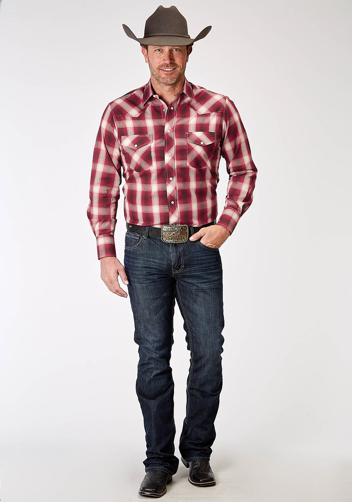 MENS LONG SLEEVE SNAP RED PLAID WESTERN SHIRT TALL FIT