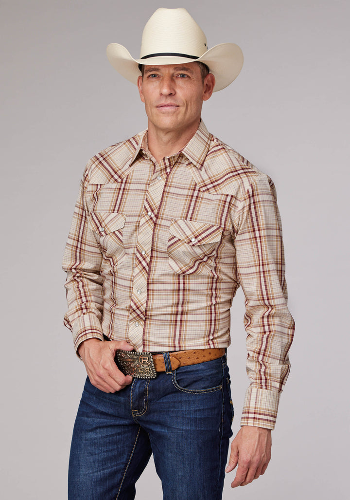MENS TAN CREAM AND WINE PLAID LONG SLEEVE SNAP WESTERN SHIRT