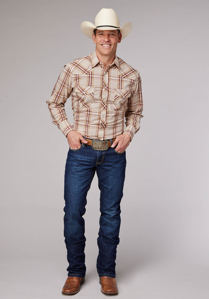 MENS TAN CREAM AND WINE PLAID LONG SLEEVE SNAP WESTERN SHIRT