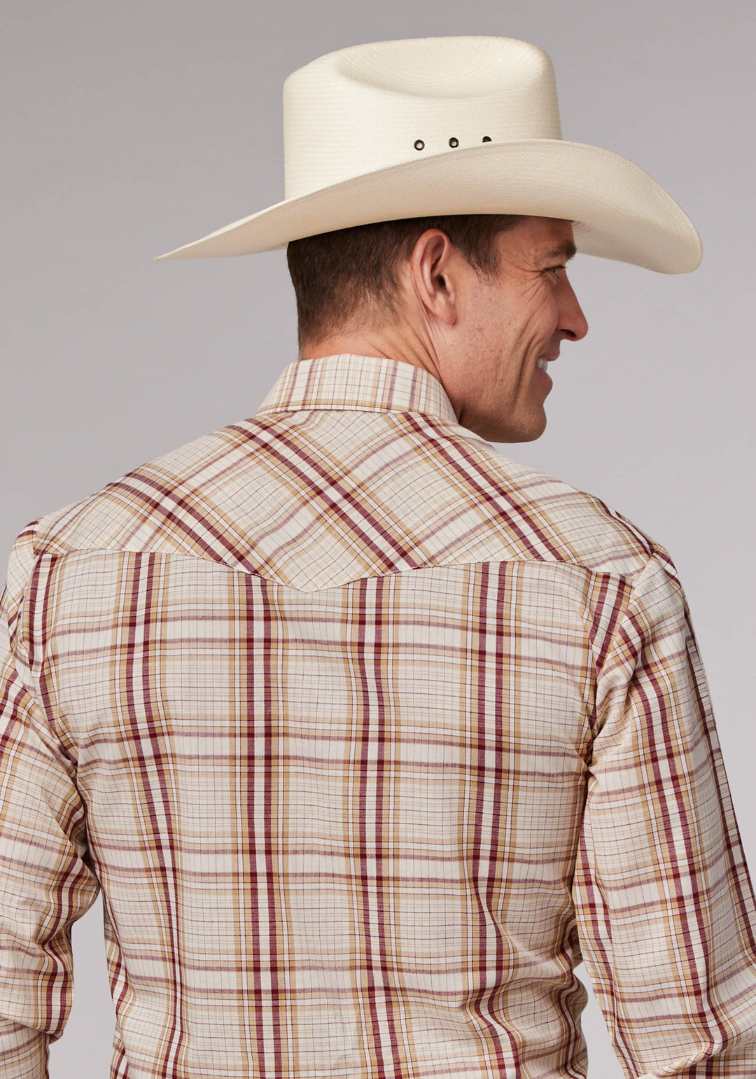 MENS TAN CREAM AND WINE PLAID LONG SLEEVE SNAP WESTERN SHIRT