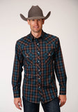 MENS LONG SLEEVE SNAP BROWN AND TEAL WINDOWPANE PLAID WESTERN SHIRT TALL FIT