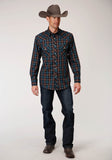 MENS LONG SLEEVE SNAP BROWN AND TEAL WINDOWPANE PLAID WESTERN SHIRT TALL FIT