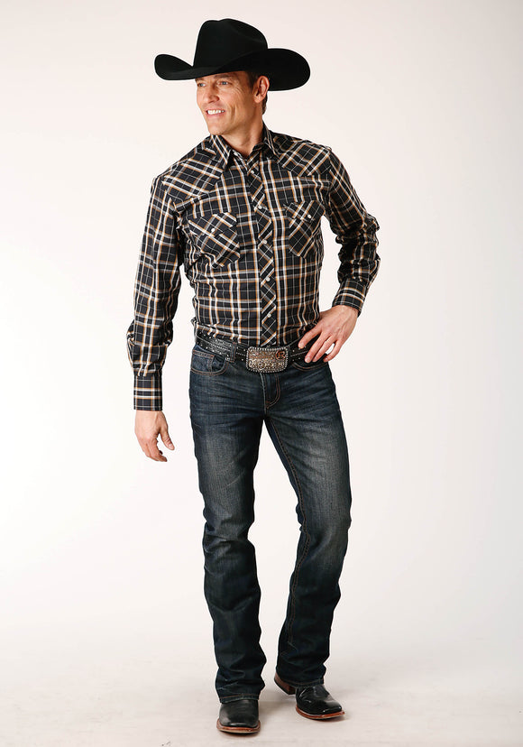 MENS LONG SLEEVE SNAP NAVY CREAM GOLD PLAID WESTERN SHIRT TALL FIT